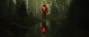 Preview wallpaper man, gas mask, stream, reflection, forest, art