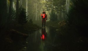 Preview wallpaper man, gas mask, stream, reflection, forest, art