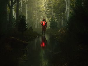 Preview wallpaper man, gas mask, stream, reflection, forest, art