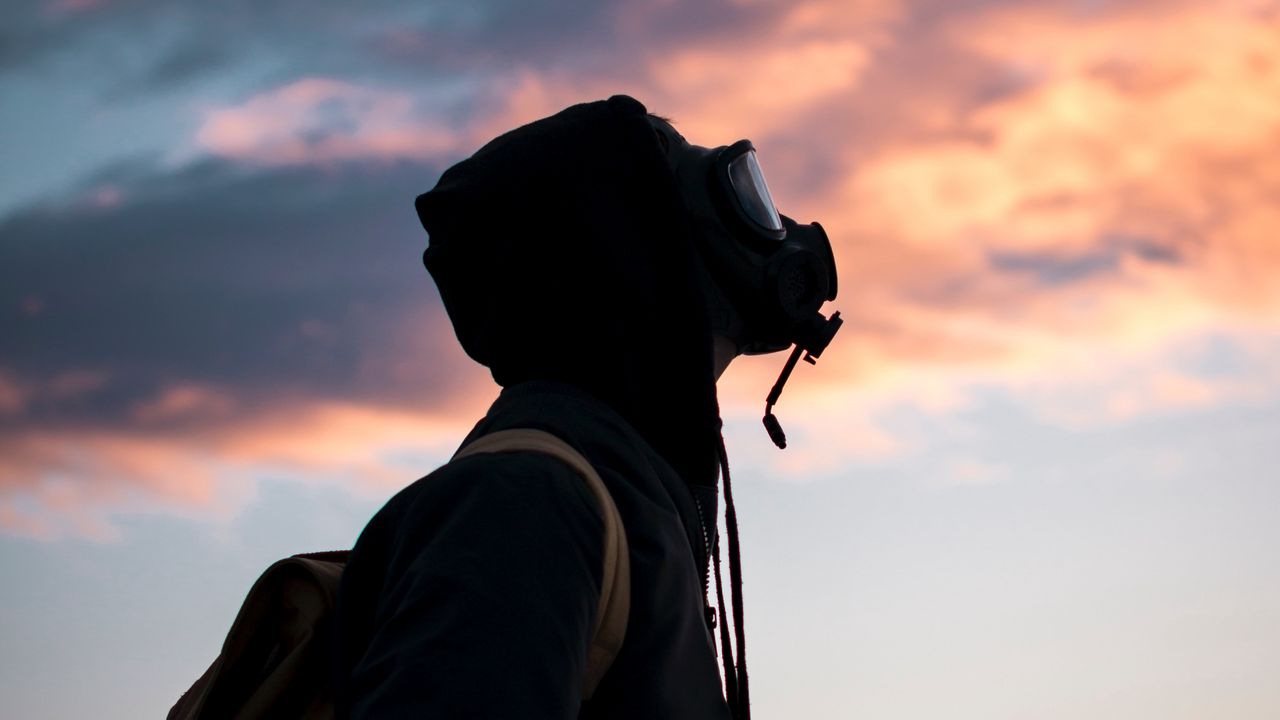 Wallpaper man, gas mask, sunset, sky