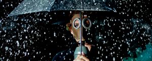 Preview wallpaper man, gas mask, umbrella, rain, mood
