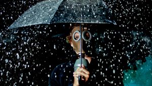 Preview wallpaper man, gas mask, umbrella, rain, mood