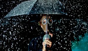 Preview wallpaper man, gas mask, umbrella, rain, mood
