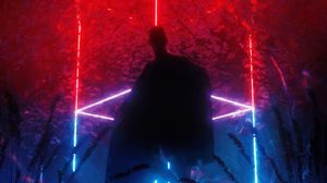 Preview wallpaper man, giant, silhouette, lines, neon, art, dark