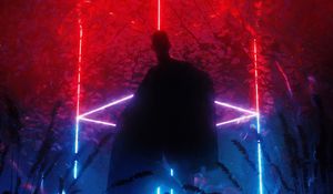 Preview wallpaper man, giant, silhouette, lines, neon, art, dark
