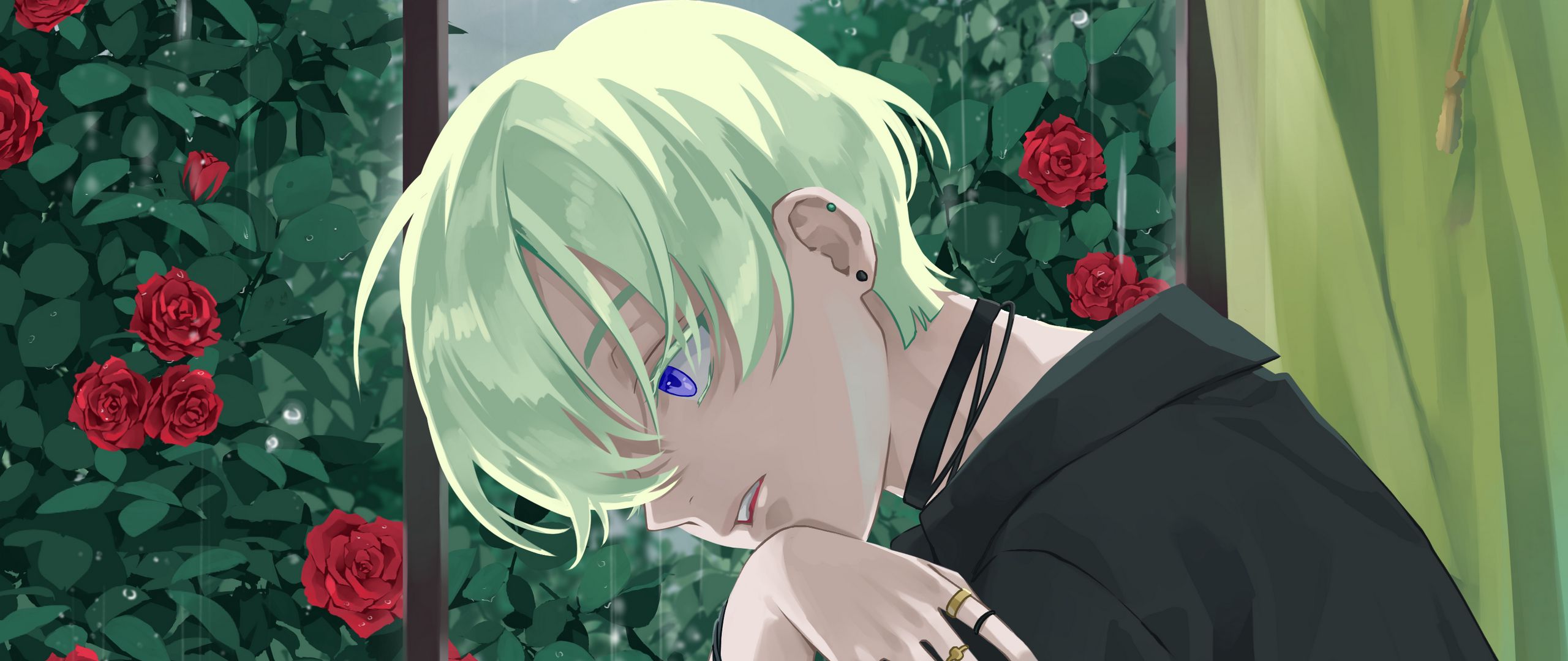 Download Wallpaper 2560x1080 Boy Glance Window Roses Garden Anime Dual Wide 1080p Hd Background