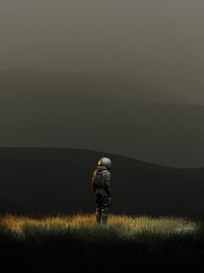 Preview wallpaper man, grass, valley, hills, art