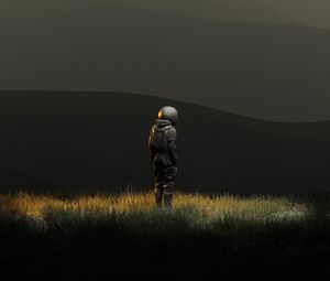 Preview wallpaper man, grass, valley, hills, art