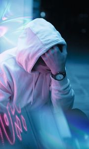 Preview wallpaper man, hand, hood, sad