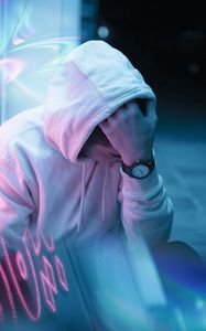 Preview wallpaper man, hand, hood, sad