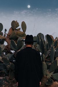 Preview wallpaper man, hat, cactus, alone, moon