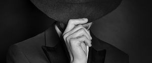 Preview wallpaper man, hat, hand, gesture, style, black and white