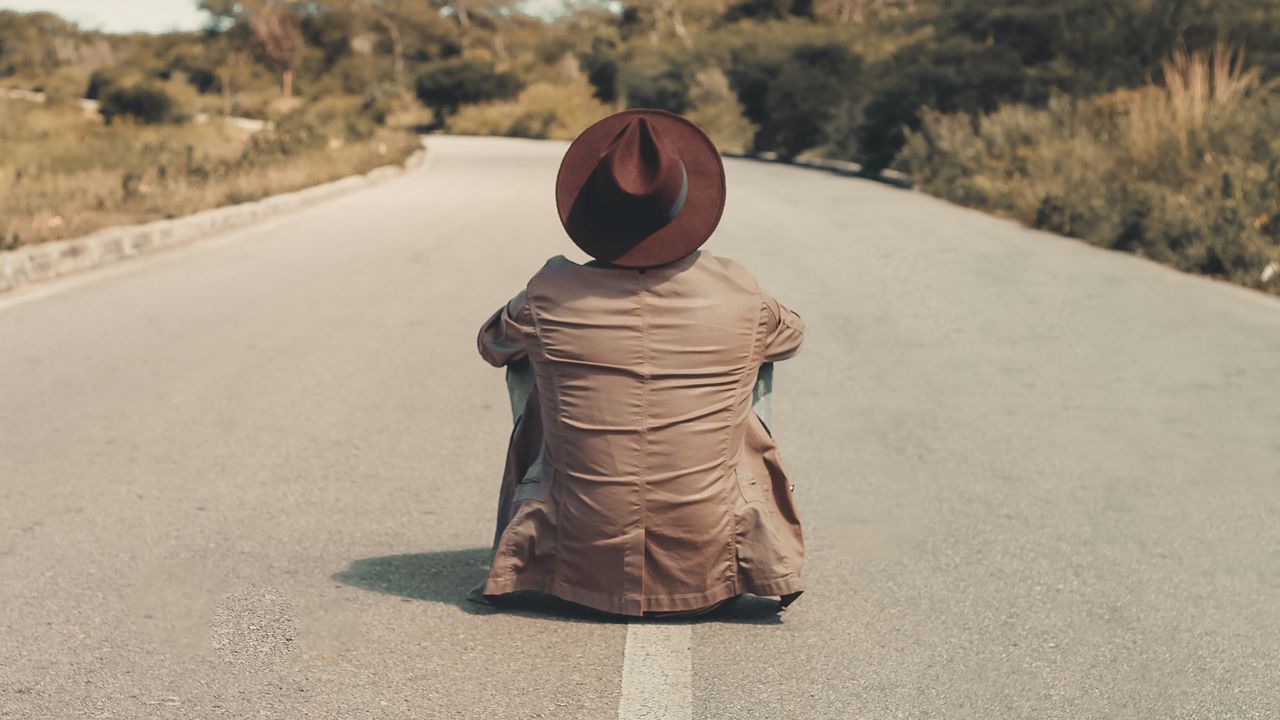 Wallpaper man, hat, road, asphalt, loneliness