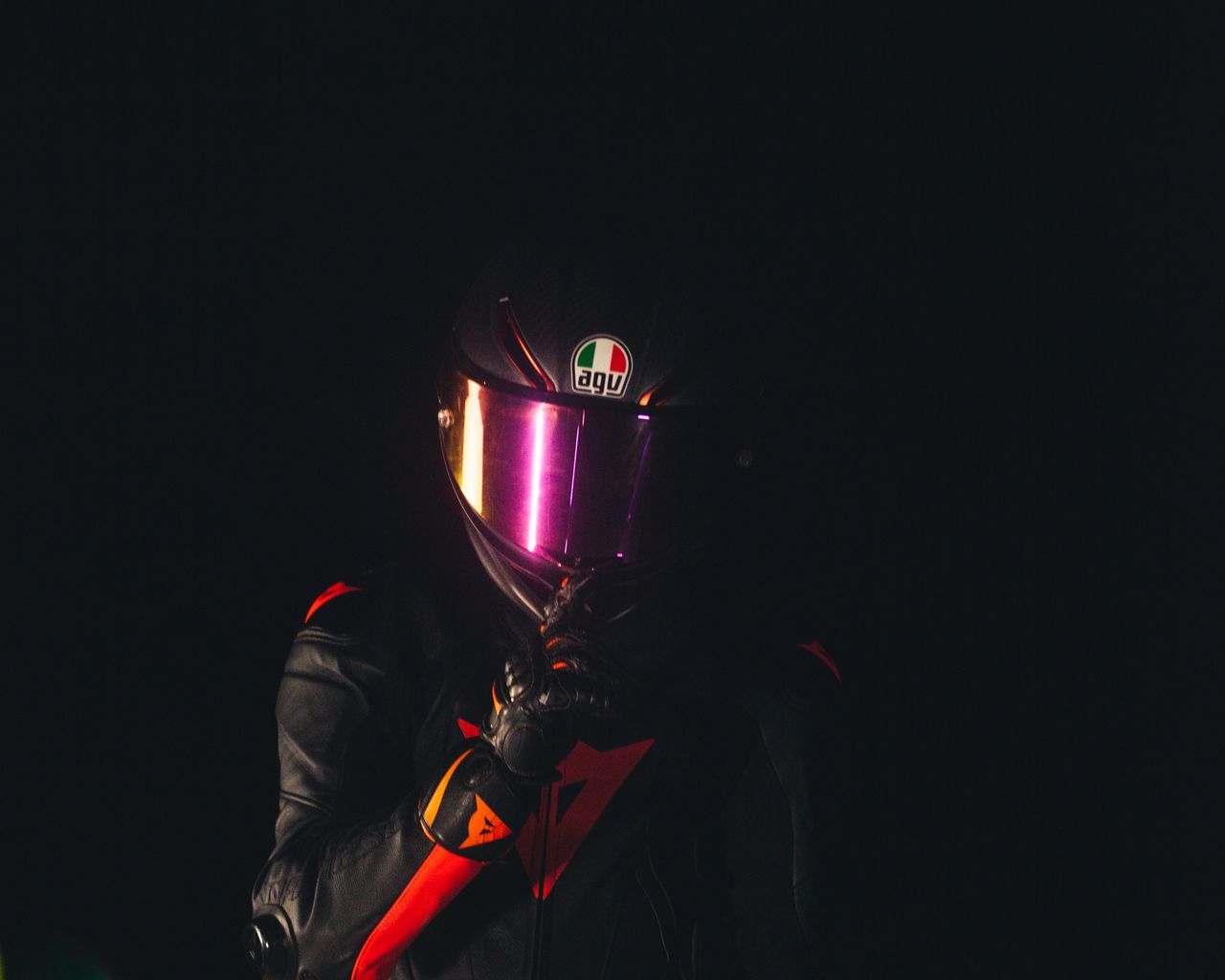 1280x1024 Wallpaper man, helmet, equipment, motorcyclist, dark