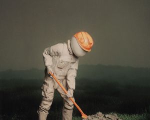 Preview wallpaper man, helmet, shovel, stones, art