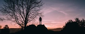 Preview wallpaper man, hill, trees, evening