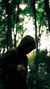 Preview wallpaper man, hood, anonymous, forest