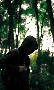 Preview wallpaper man, hood, anonymous, forest