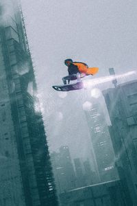 Preview wallpaper man, hood, flight, buildings, sci-fi