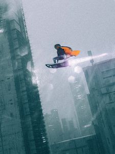 Preview wallpaper man, hood, flight, buildings, sci-fi