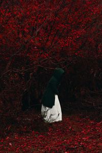 Preview wallpaper man, hood, forest, lonely, loneliness, autumn, foliage, red