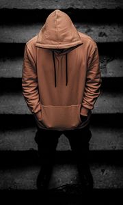 Preview wallpaper man, hood, hoodie, stairs