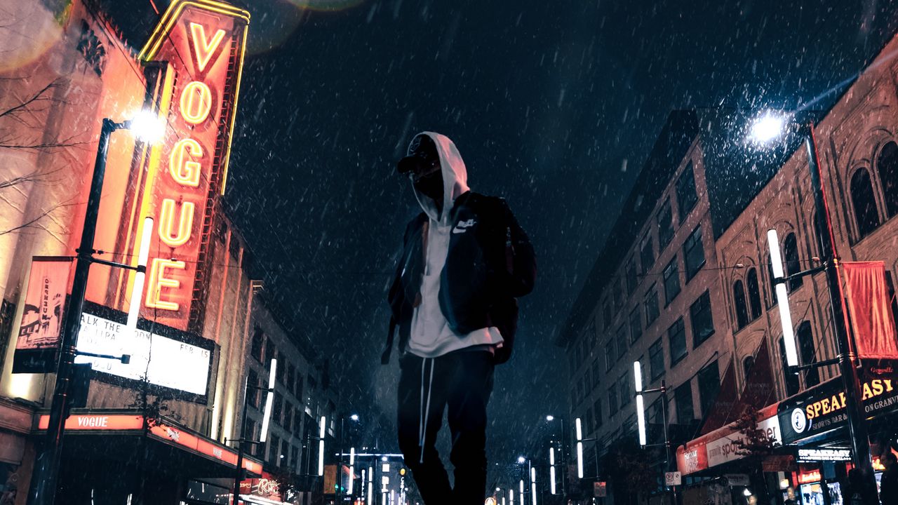 Wallpaper man, hood, night city, snowfall, street