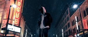 Preview wallpaper man, hood, night city, snowfall, street