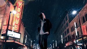 Preview wallpaper man, hood, night city, snowfall, street