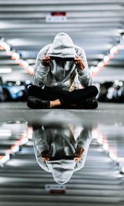 Preview wallpaper man, hood, reflection, loneliness