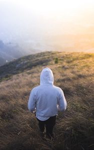 Preview wallpaper man, hoodie, fog, descent