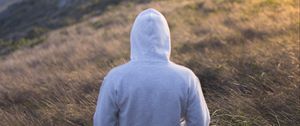 Preview wallpaper man, hoodie, fog, descent