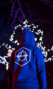 Preview wallpaper man, hoodie, print, symbol