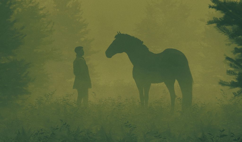 1024x600 Wallpaper man, horse, silhouettes, fog, art