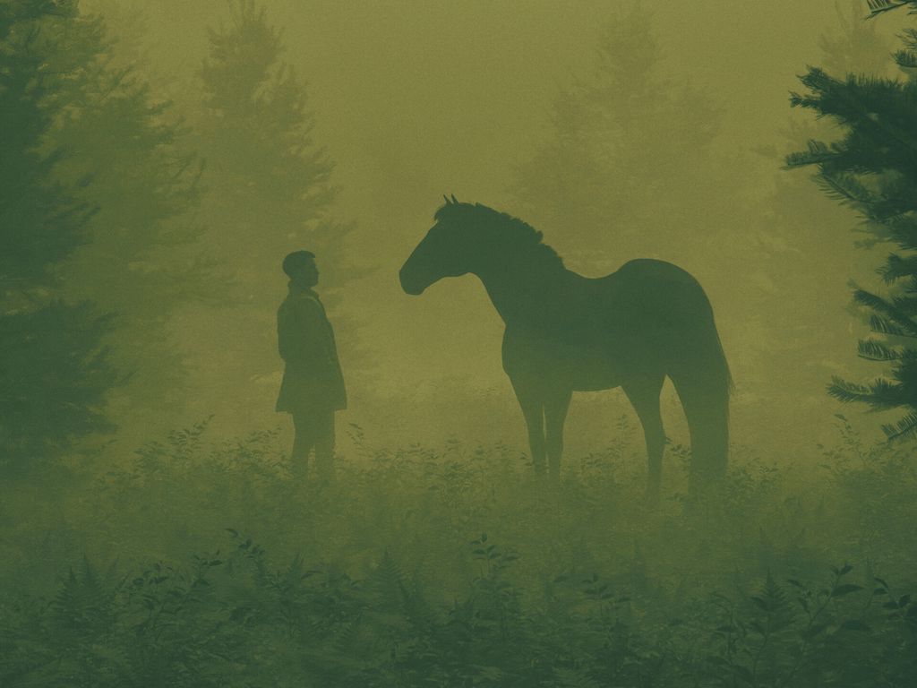 1024x768 Wallpaper man, horse, silhouettes, fog, art