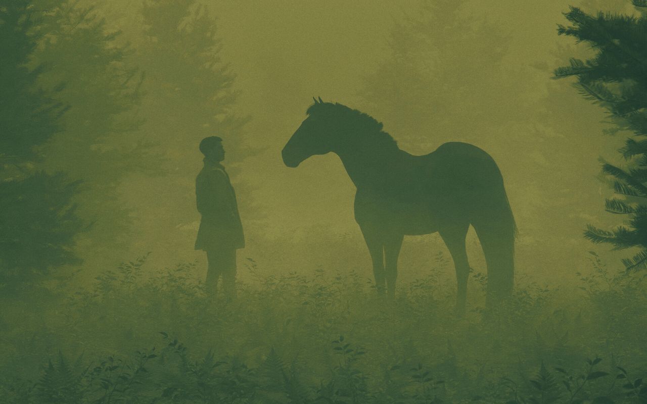 1280x800 Wallpaper man, horse, silhouettes, fog, art