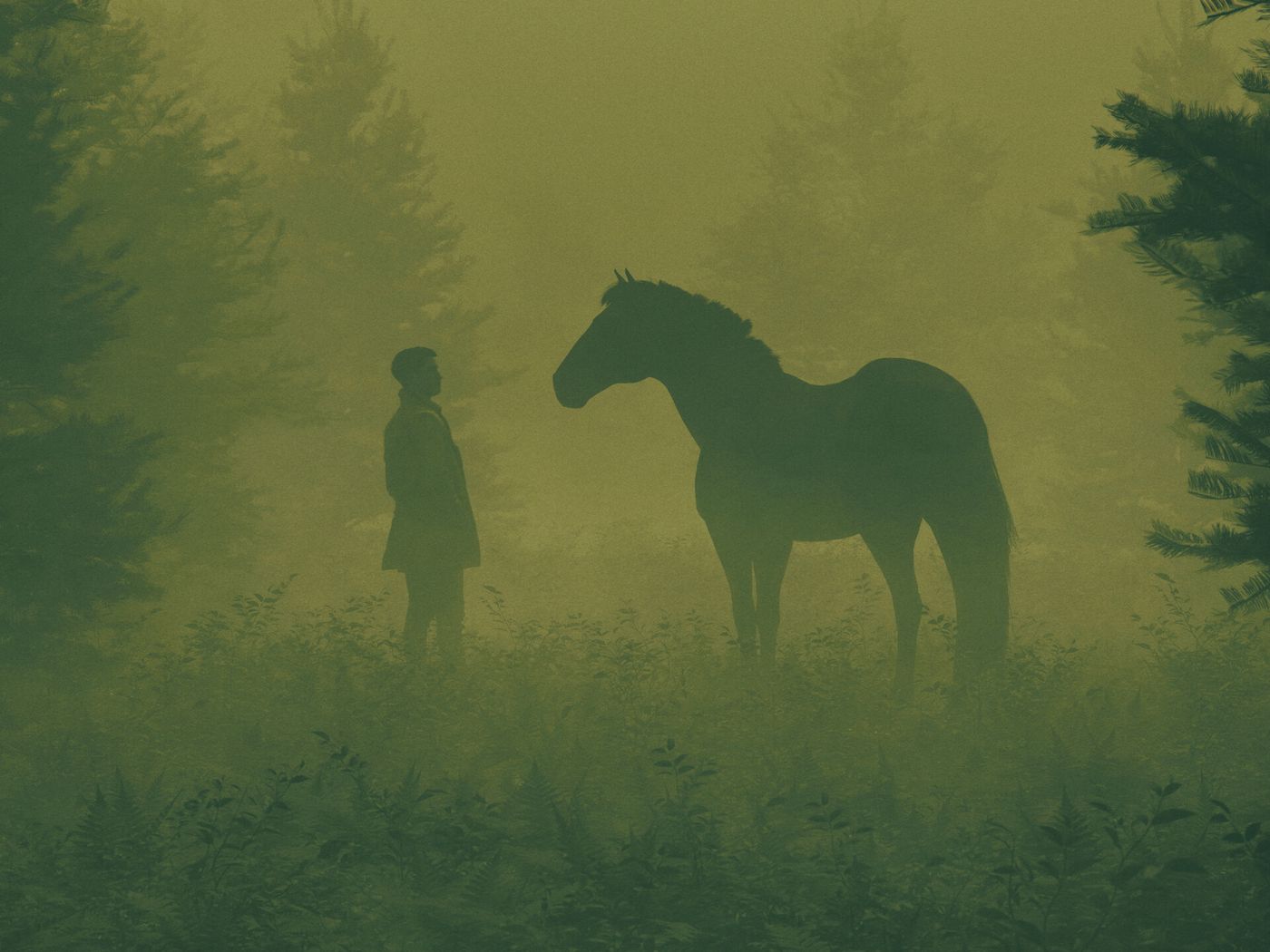 1400x1050 Wallpaper man, horse, silhouettes, fog, art
