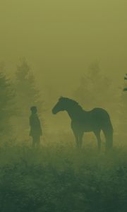 Preview wallpaper man, horse, silhouettes, fog, art