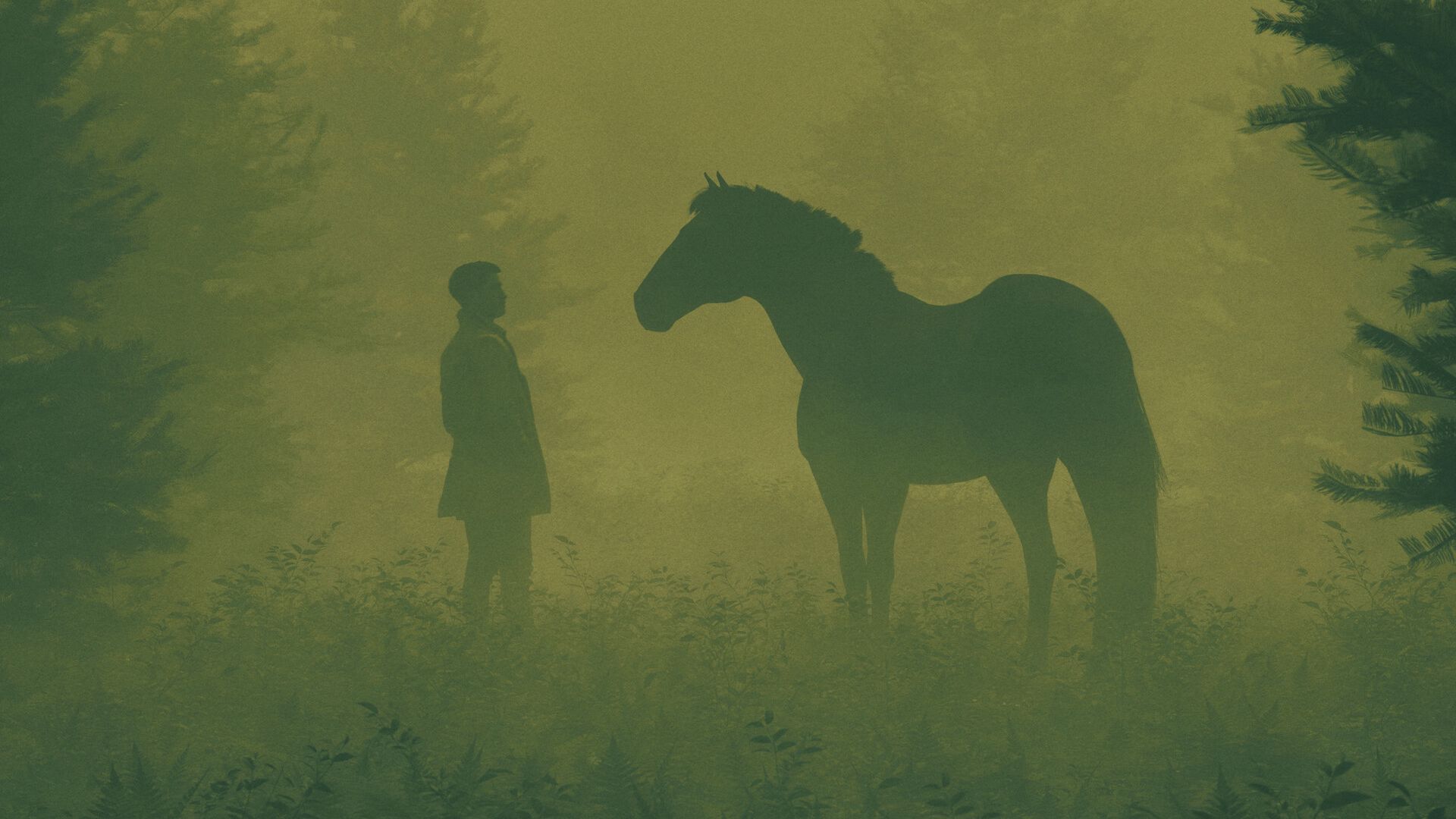 1920x1080 Wallpaper man, horse, silhouettes, fog, art