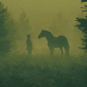 Preview wallpaper man, horse, silhouettes, fog, art