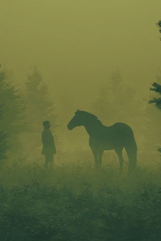 320x480 Wallpaper man, horse, silhouettes, fog, art