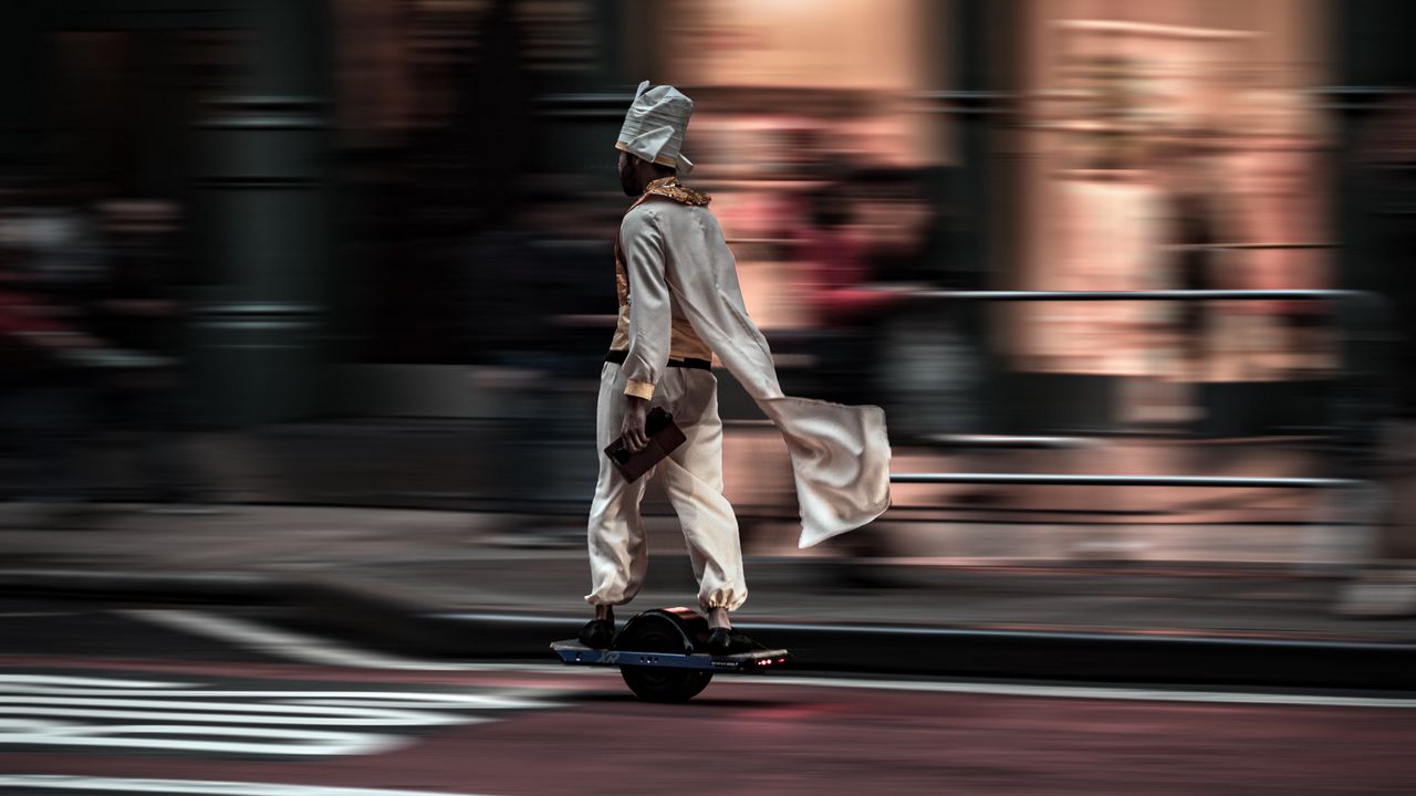 Wallpaper man, hoverboard, street, city, road