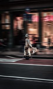 Preview wallpaper man, hoverboard, street, city, road