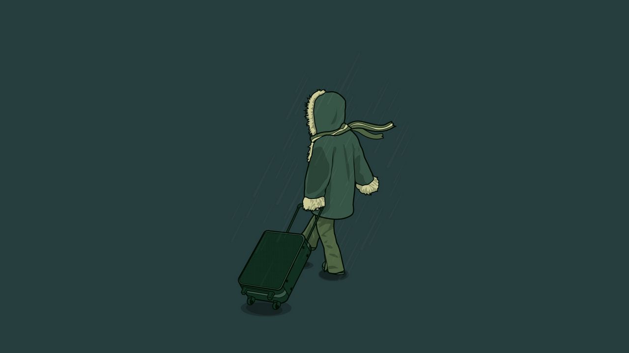 Wallpaper man, jacket, suitcase, travel, winter