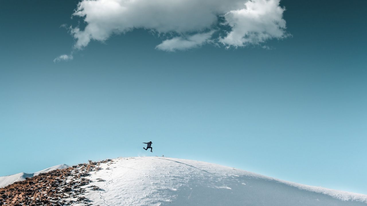 Wallpaper man, jump, hill, snow, sky