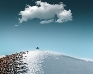Preview wallpaper man, jump, hill, snow, sky