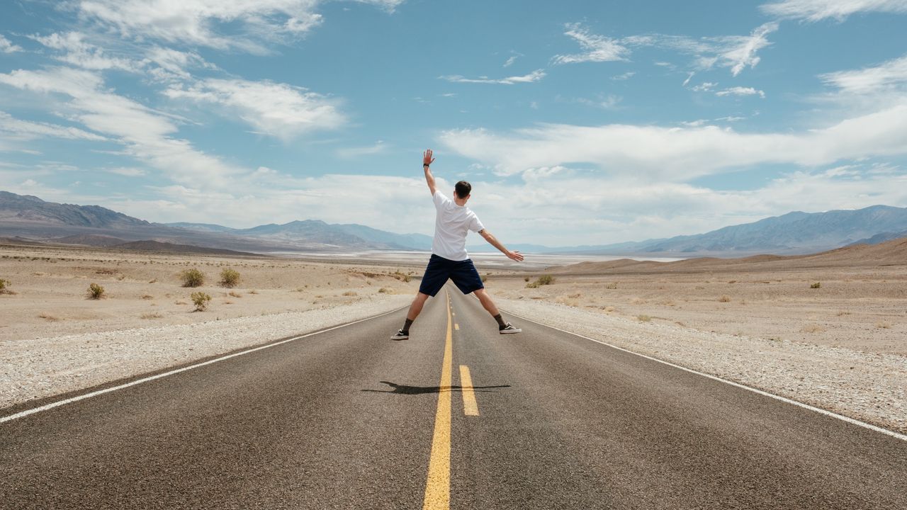 Wallpaper man, jump, levitation, road, desert
