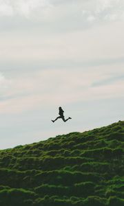 Preview wallpaper man, jump, minimalism, sky, grass