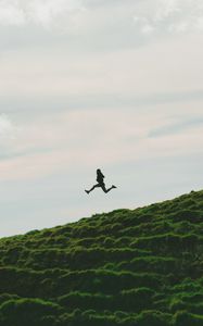 Preview wallpaper man, jump, minimalism, sky, grass