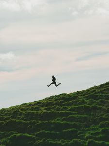 Preview wallpaper man, jump, minimalism, sky, grass